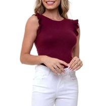 Body blusa canelado cavado babado moda feminina