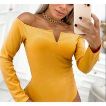 Body blusa decote v manga longa canelado feminino fashion