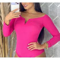 Body blusa decote v manga longa canelado moda confortável