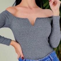 Body blusa decote v manga longa tecido canelado feminino tendência