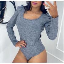 Body blusa feminina canelado gola rasa manga longa bufante blogueira