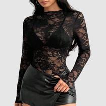 Body Blusa Feminina Floral Manga Longa Tule Transparente Sexy Sensual Romântico Body Blusa Feminina Floral Manga Longa Tule Transparente Sexy Sensual Romântico