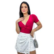 Body Blusa Feminina Manga Curta Decote V Nózinho Social Frente Trançada