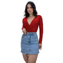 Body Blusa Feminina Manga Longa Transpassado Decote Cruzado