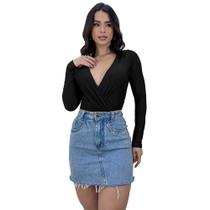 Body Blusa Feminina Manga Longa Transpassado Decote Cruzado