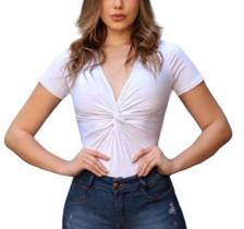 Body blusa feminino decote transpassado manga curta canelado moda blogueira