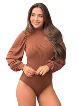 Body Blusa Feminino Manga Longa Princesa Bufante Gola Alta Cacharrel Canelado Fecho Outono Inverno