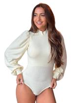 Body Blusa Feminino Manga Longa Princesa Bufante Gola Alta Cacharrel Canelado Fecho Outono Inverno