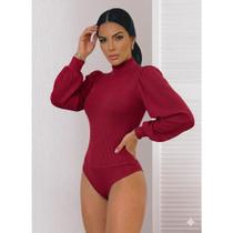 Body Blusa Feminino Manga Longa Princesa Bufante Gola Alta Cacharrel Canelado Fecho Outono Inverno