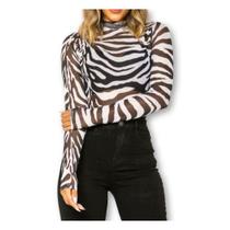 Body blusa feminino tule zebra manga longa estilo blogueira
