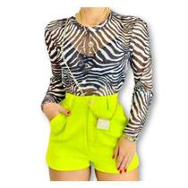 Body blusa feminino tule zebra manga longa moda gringa