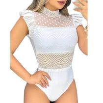 Body Blusa Renda Feminina Moda Blogueira Bojo Tule Poa