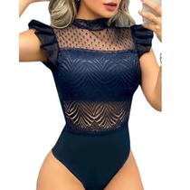 Body Blusa Renda Feminina Moda Blogueira Bojo Tule Poa