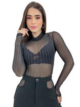 Body Blusa Tule Pedraria Brilho Strass Manga Longa Festa Body Blusa Tule Pedraria Brilho Strass Manga Longa Festa