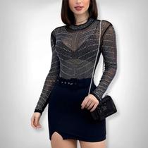 Body Blusa Tule Transparente Manga Longa Brilho Strass Skull