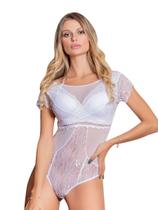 Body Bojo Renda Tule Branco Transparência Feminino Versátil