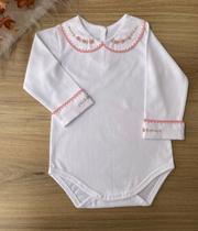 Body branco Sophia menina infantil bebe manga longa com gola e punho e bordados de flores