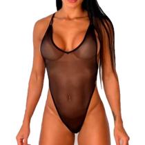 Body Bundão Cavado Tule Transparente Costas Nuas Preto - Lingerie Sensualle