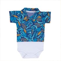 Body camisa curto de bebê em tricoline folhagem azul