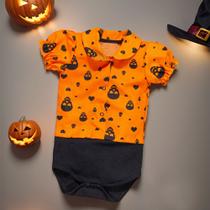 Body Camisa Manga Curta Halloween Caveirinha Laranja Menina