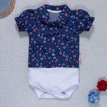 Body Camisa Manga Curta para Bebê Menina Florzinhas Marinho