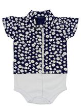 Body Camisa Suedine Bebê Menina Cor Azul-escuro/Branco - Tamanho P