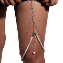 Body Chain Corrente Coxa Strass Prata Pérolas Feminino