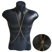 Body Chain Masculino Colar de Corpo Harness Dourado de Aço Pingente Cubo