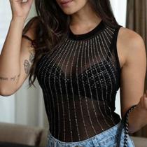 Body chuva transparente tule regata com aplique de pedrarias de brilho prata