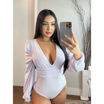 Body Com Bojo Liso Manga Estilo Bufante Longa Decote em V Body Com Bojo Liso Manga Estilo Bufante Longa Decote em V