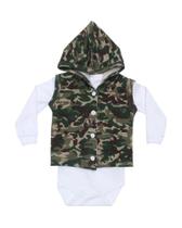 Body com Colete em Malha Camuflado Branco e Verde Militar Body com Colete em Malha Camuflado Branco e Verde Militar