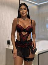 Body Com Saia Sensual Lingerie Sexy Presente Dia Dos Namorados Rendada Com Bojo