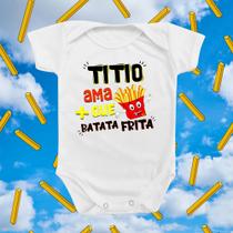 Body de Bebê Roupinha Titio Ama Batata Frita Menina Menina Divertido Frase Azul Rosa Presente Mimo