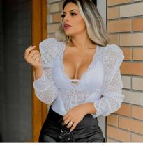 Body de Renda com manga de Tule Tendência de Verão Moda Feminina Body de Renda com manga de Tule Tendência de Verão Moda Feminina