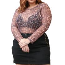 Body De Tule Plus Size Com Manga - Até Xg - Animal Print Bia