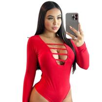 Body Decotado Sexy Profundo de Tirinhas Manga Longa Body Decotado Sexy Profundo de Tirinhas Manga Longa