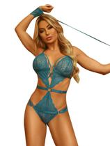 Body em Renda Detalhes Argolas Strappy Cintura com Regulagem