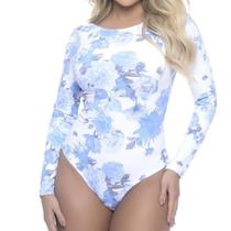 Body Estampado Floral Azul Manga Longa Costas Nua