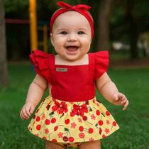 Body Fantasia Mesversário Presente Bebê Cerejinha Romper Faixa