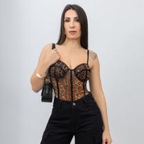 Body Feminino Alcinha Estampa Onça Corset Transparente Sofisticado Elegante Body Feminino Alcinha Estampa Onça Corset Transparente Sofisticado Elegante