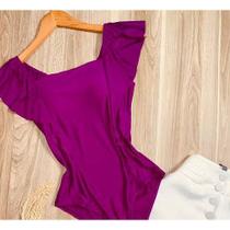 Body feminino blusa babado no ombro decote reto