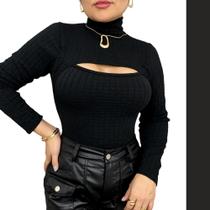 Body Feminino Blusa Manga Longa Gola Alta Tecido Bubble Moda Gringa Blogueira 2024