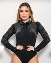 Body Feminino Camisa Boiadeira Preto com Pedrarias Manga Longa Balada Country Elegante