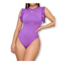 Body feminino canelado cavada babado com bojo moda elegante