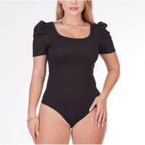 Body feminino canelado manga bufante com bojo fashion