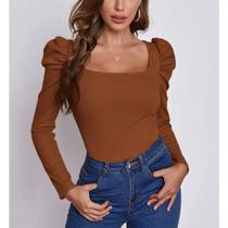 Body feminino canelado manga longa bufante casual fashion