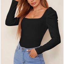 Body feminino canelado manga longa bufante casual moda influencer