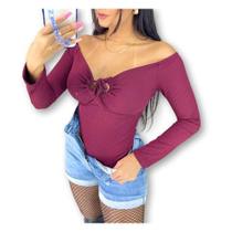 Body feminino canelado manga longa decote amarrar roupas femininas