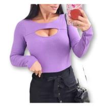 Body feminino canelado manga longa decote gota moda gringa