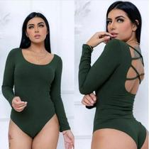 Body feminino canelado manga longa tiras nas costas estilo fashion